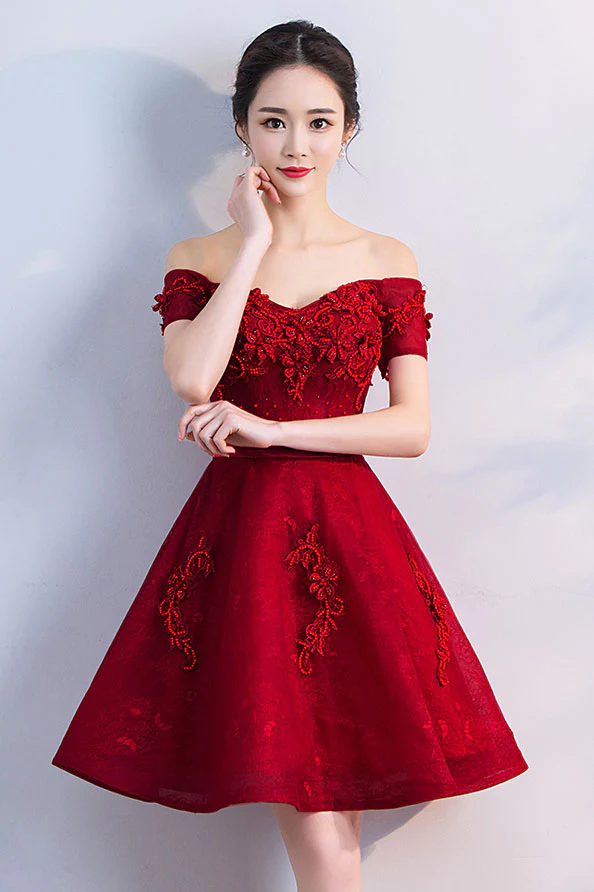 Vestido corto de fiesta con encaje de tul burdeos Y256