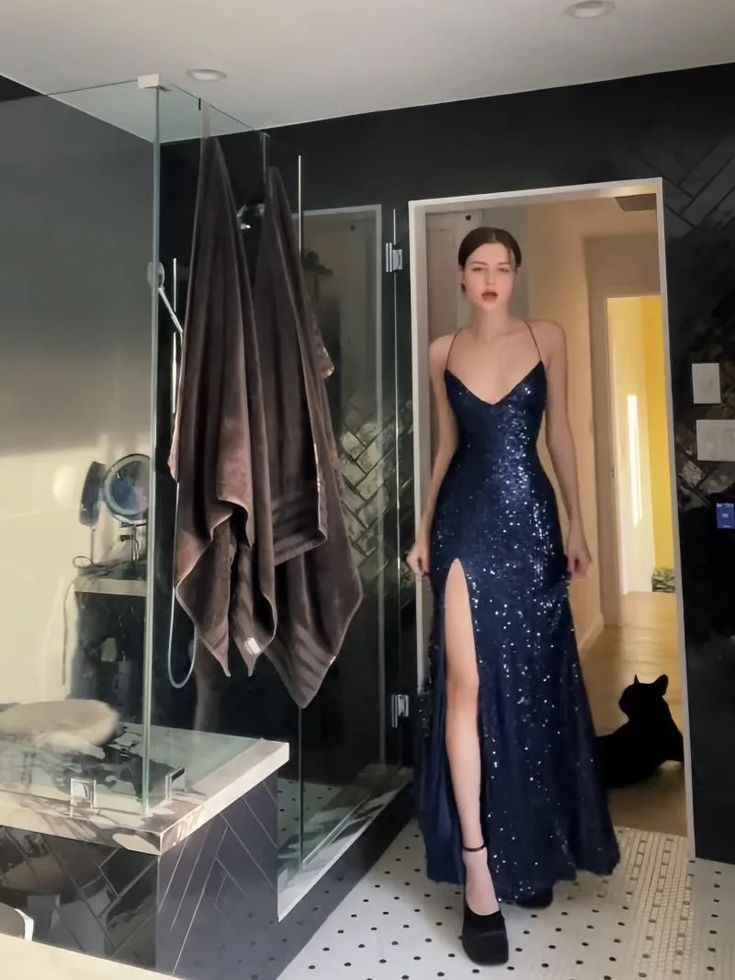 Sexy Marineblaues Abendkleid mit V-Ausschnitt und Schlitz, langes Ballkleid Y7798