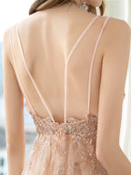 Vestido de fiesta de graduación con corte A y brillantes de hada, tirantes finos, sin mangas, largo hasta el suelo, de tul con pliegues y lentejuelas 