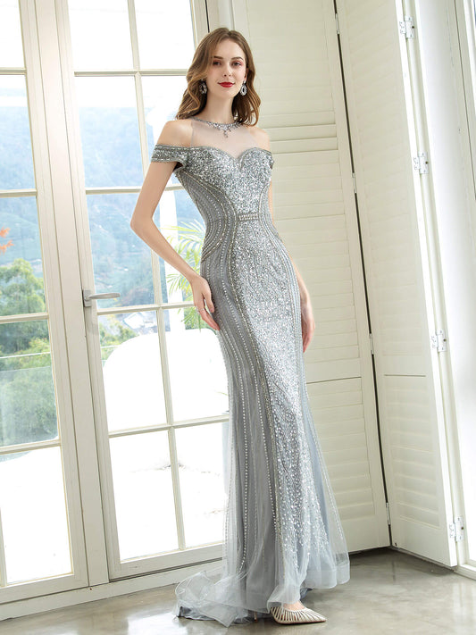 Mermaid / Trumpet Luxurious Glittering Fairy Sexy Formal Evening Dresses Prom Dresses Short Sleeves
