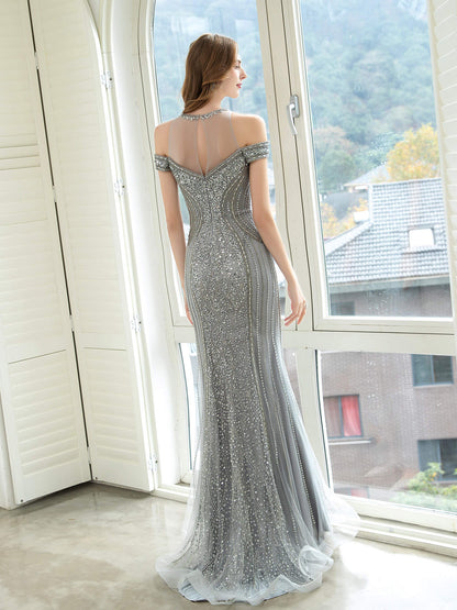 Mermaid / Trumpet Luxurious Glittering Fairy Sexy Formal Evening Dresses Prom Dresses Short Sleeves