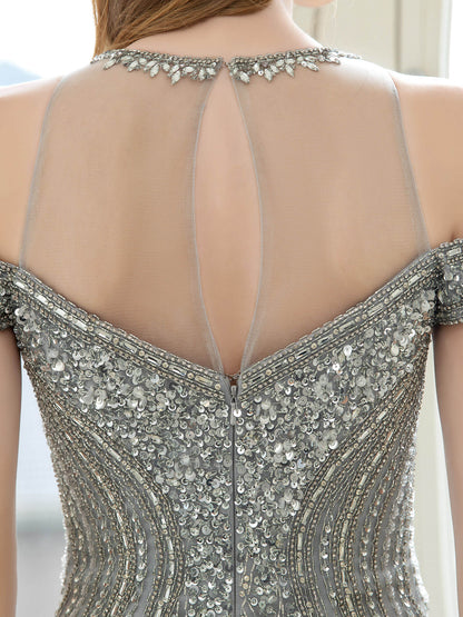 Mermaid / Trumpet Luxurious Glittering Fairy Sexy Formal Evening Dresses Prom Dresses Short Sleeves