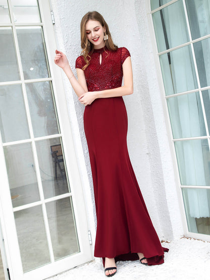 Mermaid / Trumpet Max Chiffon Beaded Luxurious Sexy Formal Evening Dresses Cap Sleeves Floor Length Prom Dresses