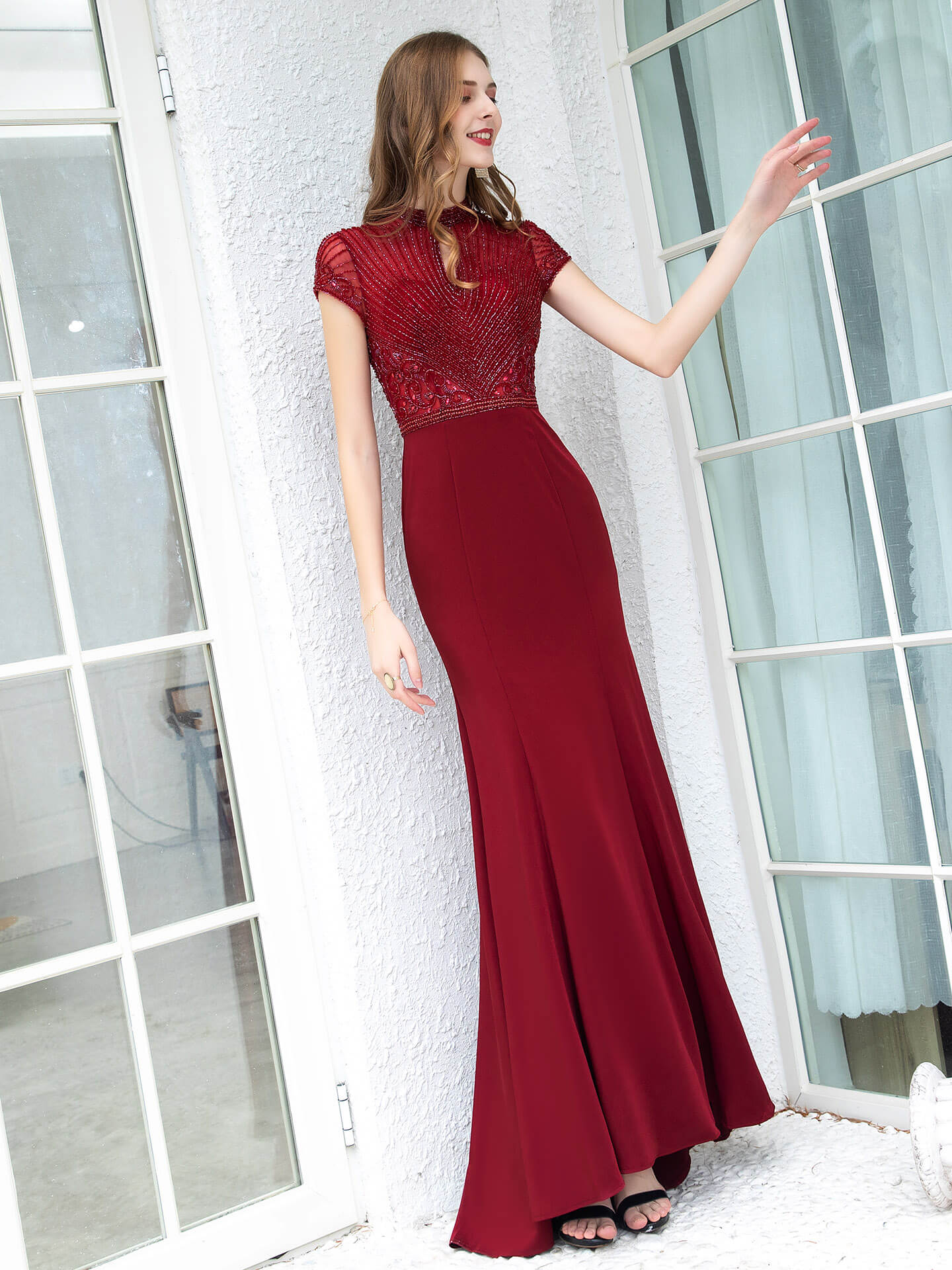 Mermaid / Trumpet Max Chiffon Beaded Luxurious Sexy Formal Evening Dresses Cap Sleeves Floor Length Prom Dresses