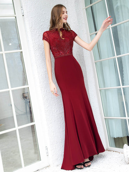 Mermaid / Trumpet Max Chiffon Beaded Luxurious Sexy Formal Evening Dresses Cap Sleeves Floor Length Prom Dresses
