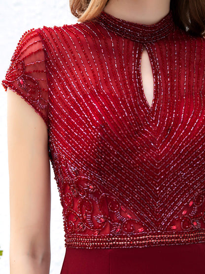 Mermaid / Trumpet Max Chiffon Beaded Luxurious Sexy Formal Evening Dresses Cap Sleeves Floor Length Prom Dresses