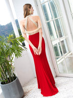 Meerjungfrau/Trompete Max Chiffon Perlenbesetzt Luxuriöse Sexy Formelle Abendkleider Ärmellos Bodenlange Ballkleider 