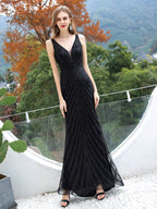 Vestidos de noche formales de lujo, sexys, con escote en V, sirena/trompeta y cuentas, sin mangas, hasta el suelo, para fiesta de graduación 