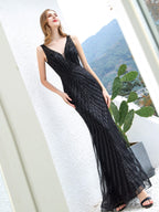 Vestidos de noche formales de lujo, sexys, con escote en V, sirena/trompeta y cuentas, sin mangas, hasta el suelo, para fiesta de graduación 