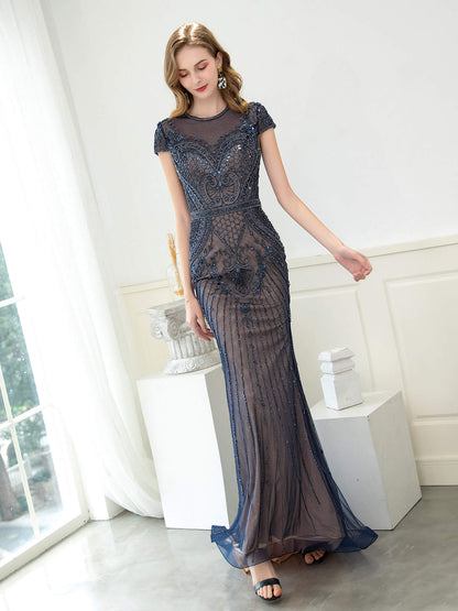 Mermaid / Trumpet Beaded Luxurious Sexy Formal Evening Dresses Cap Sleeveless Floor Length Prom Dresses