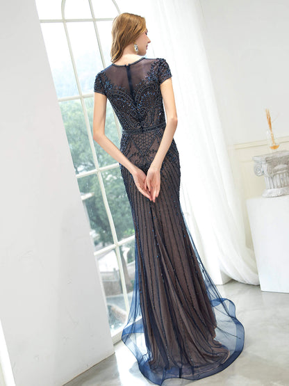 Mermaid / Trumpet Beaded Luxurious Sexy Formal Evening Dresses Cap Sleeveless Floor Length Prom Dresses