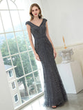 Mermaid / Trumpet V-neck Beaded Luxurious Sexy Formal Evening Dresses Cap Sleeve Floor Length Prom Dresses