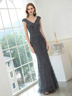 Mermaid / Trumpet V-neck Beaded Luxurious Sexy Formal Evening Dresses Cap Sleeve Floor Length Prom Dresses