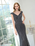 Mermaid / Trumpet V-neck Beaded Luxurious Sexy Formal Evening Dresses Cap Sleeve Floor Length Prom Dresses