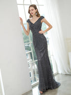 Mermaid / Trumpet V-neck Beaded Luxurious Sexy Formal Evening Dresses Cap Sleeve Floor Length Prom Dresses