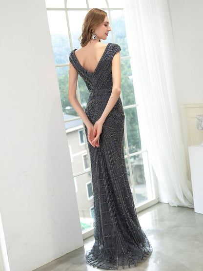 Mermaid / Trumpet V-neck Beaded Luxurious Sexy Formal Evening Dresses Cap Sleeve Floor Length Prom Dresses