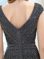 Mermaid / Trumpet V-neck Beaded Luxurious Sexy Formal Evening Dresses Cap Sleeve Floor Length Prom Dresses