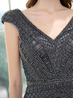 Mermaid / Trumpet V-neck Beaded Luxurious Sexy Formal Evening Dresses Cap Sleeve Floor Length Prom Dresses