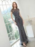Mermaid / Trumpet Beaded Luxurious Sexy Formal Evening Dresses Cap Sleeve Floor Length Prom Dresses