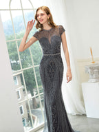 Mermaid / Trumpet Beaded Luxurious Sexy Formal Evening Dresses Cap Sleeve Floor Length Prom Dresses