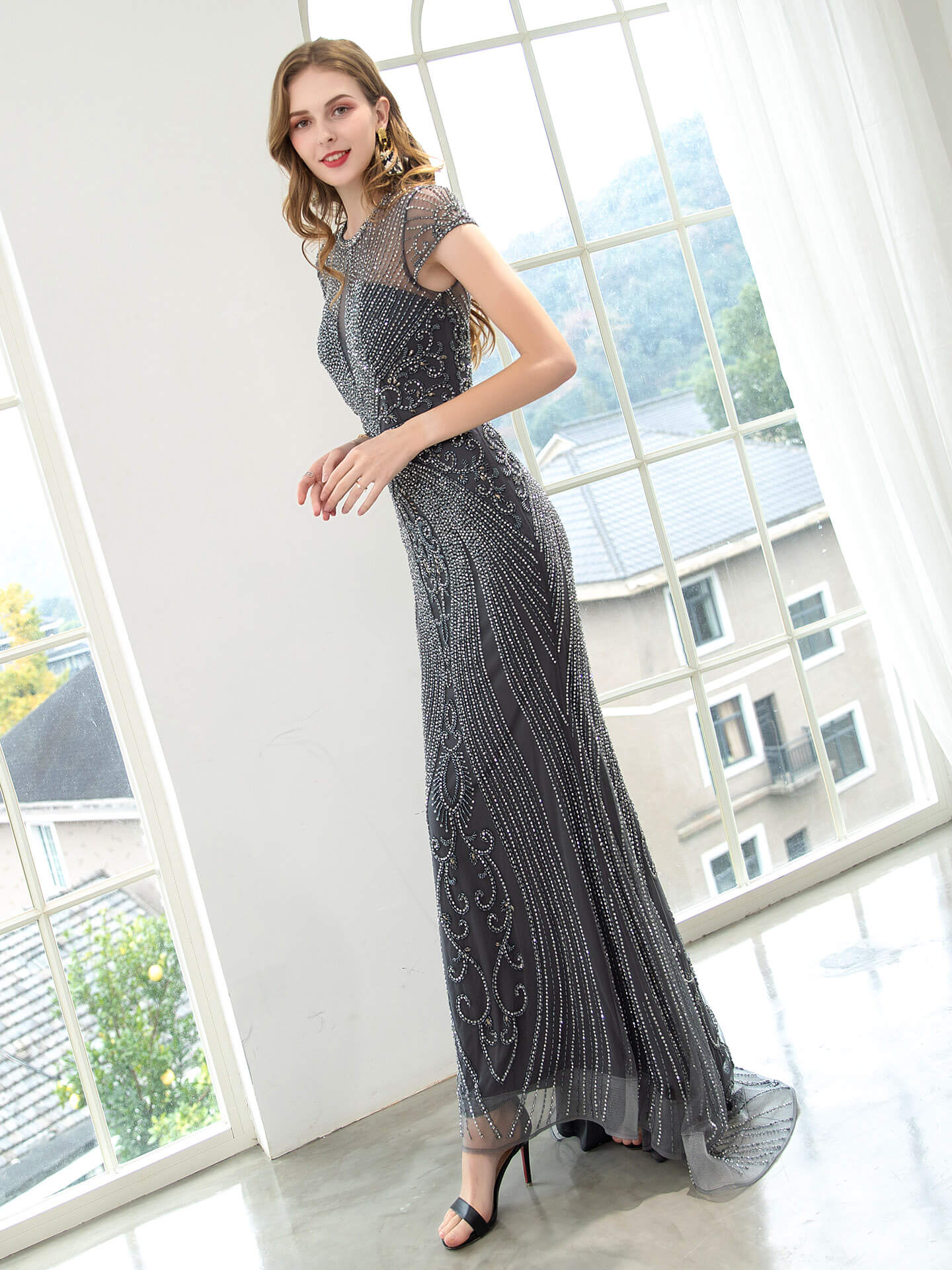 Mermaid / Trumpet Beaded Luxurious Sexy Formal Evening Dresses Cap Sleeve Floor Length Prom Dresses