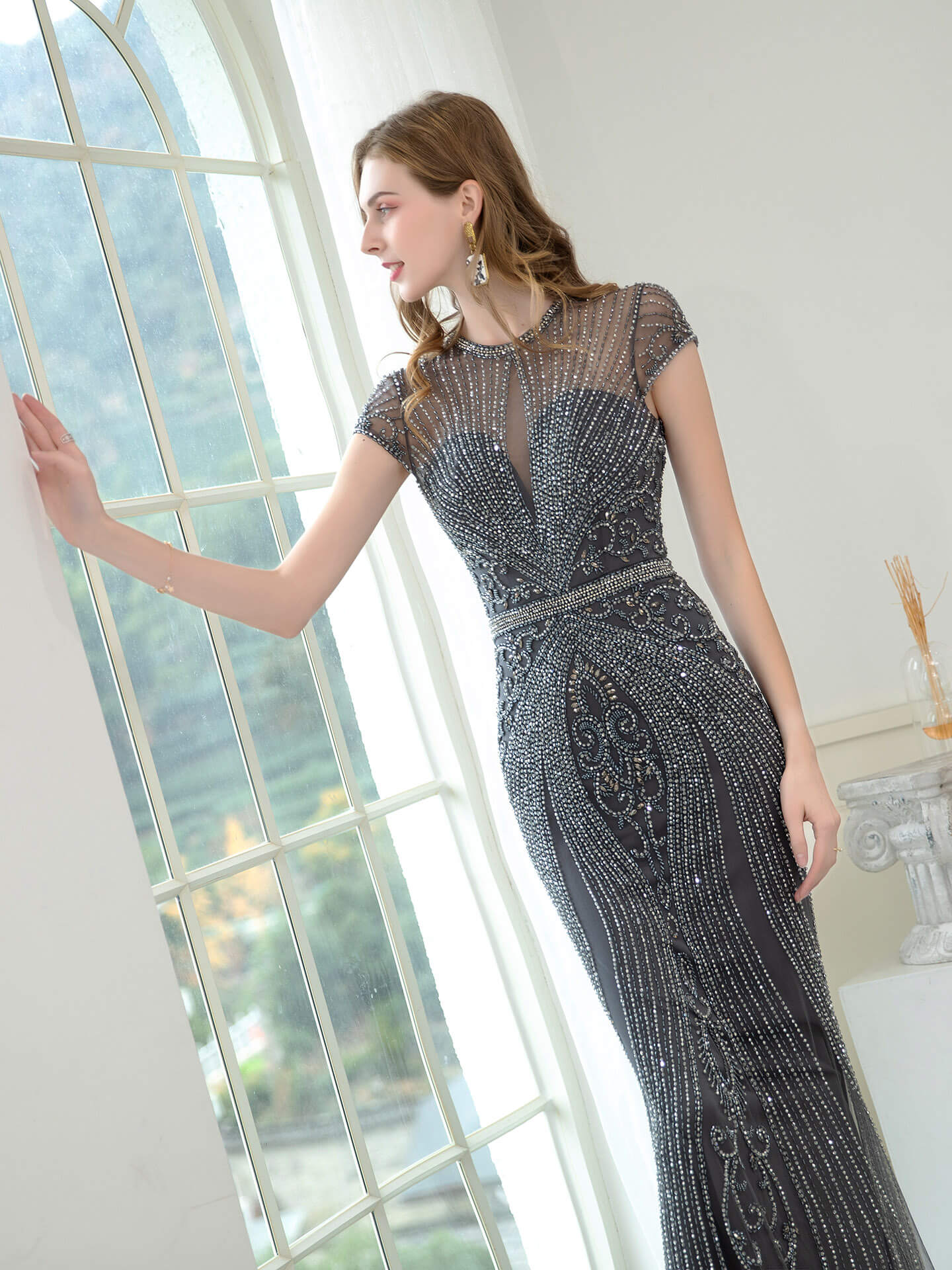 Mermaid / Trumpet Beaded Luxurious Sexy Formal Evening Dresses Cap Sleeve Floor Length Prom Dresses