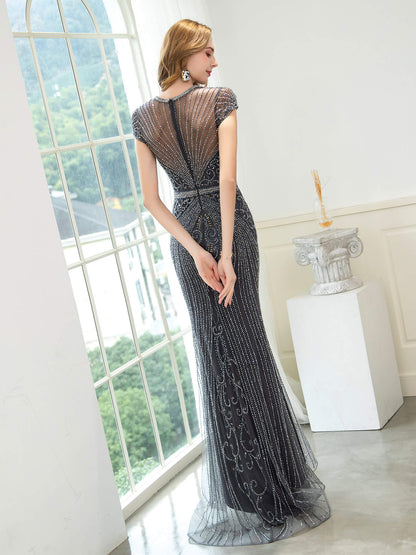Mermaid / Trumpet Beaded Luxurious Sexy Formal Evening Dresses Cap Sleeve Floor Length Prom Dresses