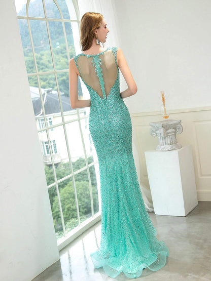 Mermaid / Trumpet Beaded Luxurious Sexy Formal Evening Dresses Sleeveless Floor Length Prom Dresses