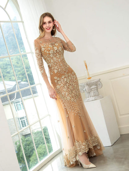 Mermaid / Trumpet V-neck Beaded Luxurious Sexy Formal Evening Dresses Long Sleeve Floor Length Prom Dresses