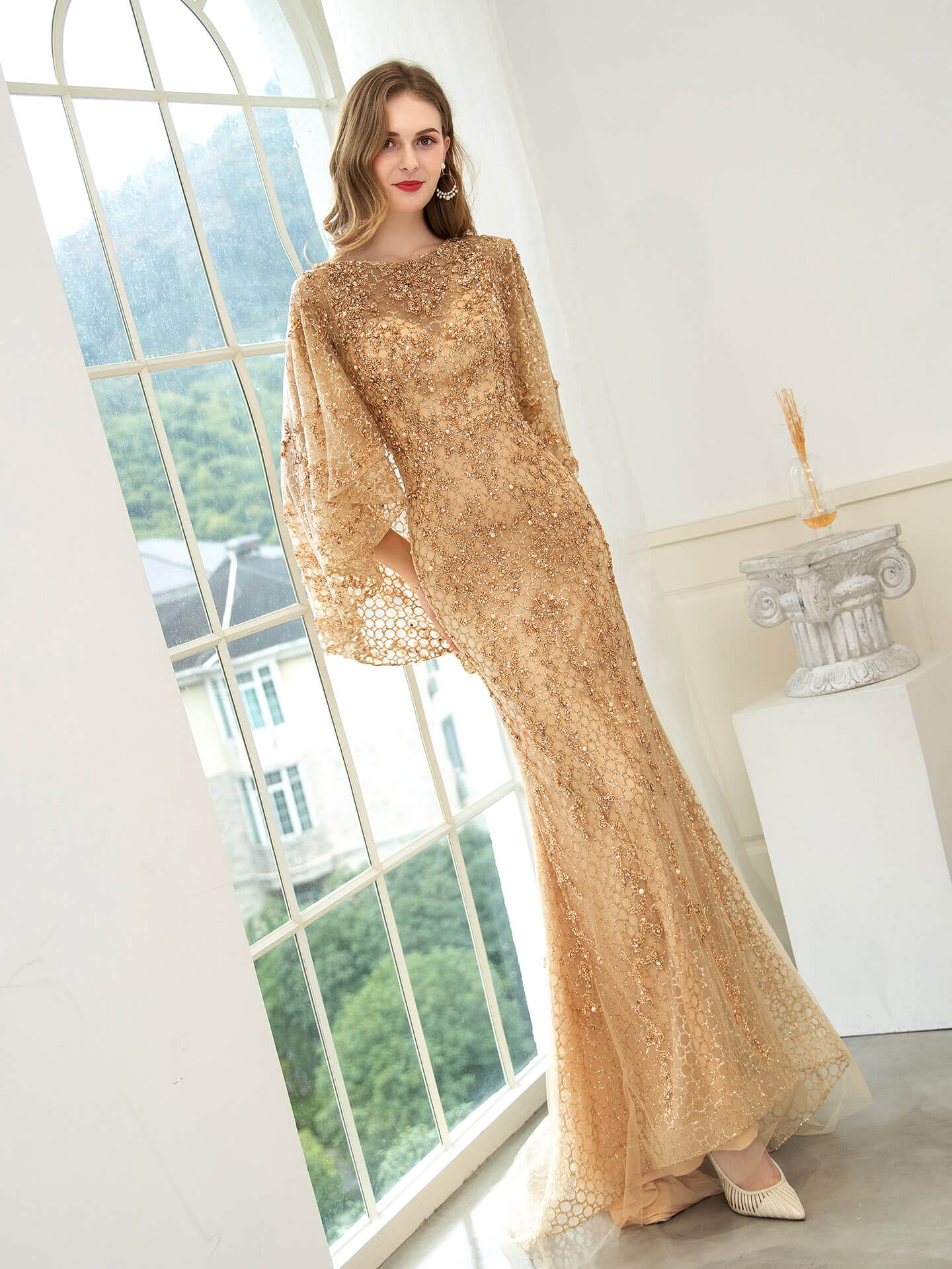 Mermaid / Trumpet Beaded Luxurious Fashion Formal Evening Dresses Long Sleeve Floor Length Prom Dresses