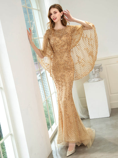 Mermaid / Trumpet Beaded Luxurious Fashion Formal Evening Dresses Long Sleeve Floor Length Prom Dresses