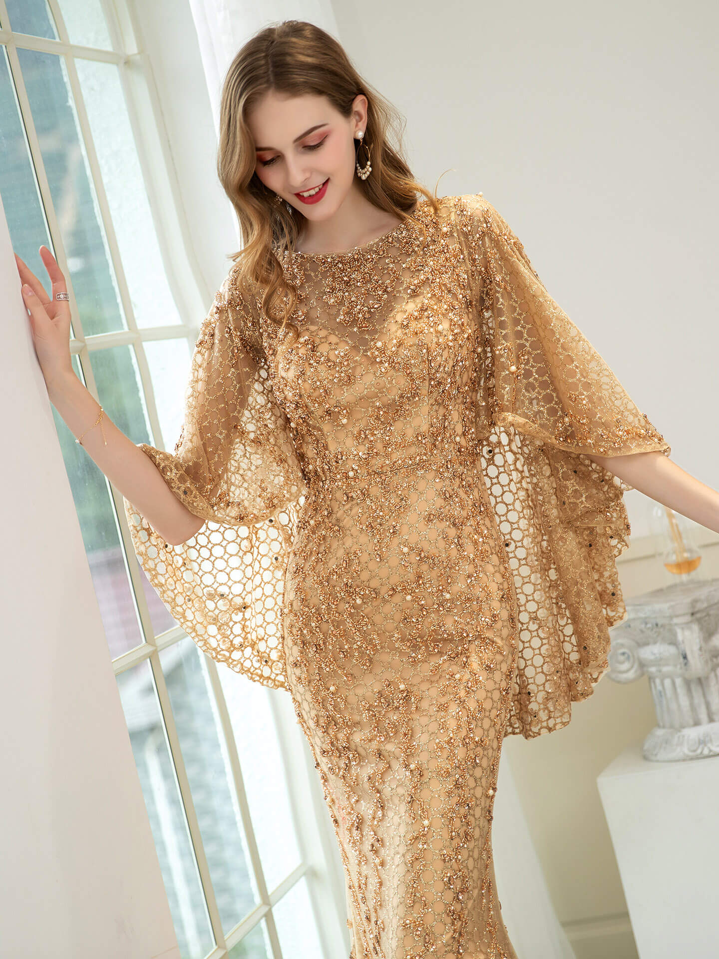 Mermaid / Trumpet Beaded Luxurious Fashion Formal Evening Dresses Long Sleeve Floor Length Prom Dresses