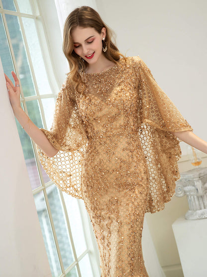 Mermaid / Trumpet Beaded Luxurious Fashion Formal Evening Dresses Long Sleeve Floor Length Prom Dresses