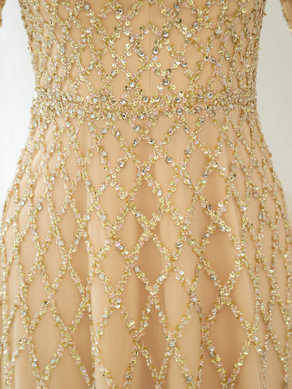 A-line Beaded Luxurious Fashion Formal Evening Dresses Long Sleeve Floor Length Prom Dresses
