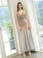 Mermaid V-neck Beaded Luxurious Fashion Formal Evening Dresses Sleeveless Floor Length Prom Dresses