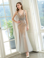 Mermaid V-neck Beaded Luxurious Fashion Formal Evening Dresses Sleeveless Floor Length Prom Dresses