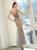 Mermaid V-neck Beaded Luxurious Fashion Formal Evening Dresses Sleeveless Floor Length Prom Dresses