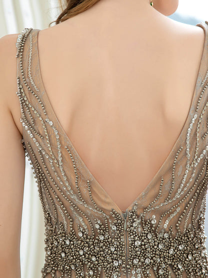 Mermaid V-neck Beaded Luxurious Fashion Formal Evening Dresses Sleeveless Floor Length Prom Dresses