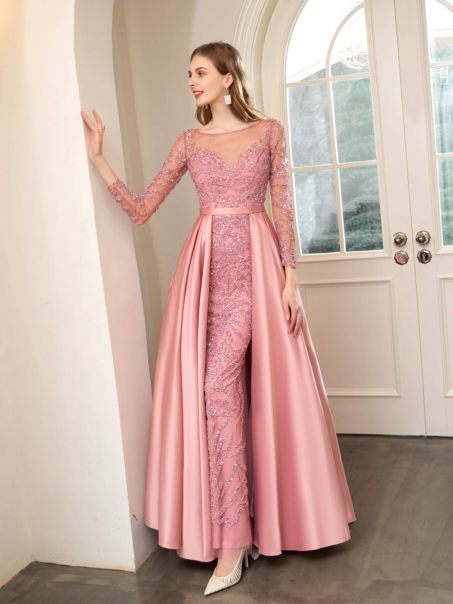 Mermaid / Trumpet Beaded Luxurious Sexy Formal Evening Dresses Long Sleeve Floor Length Prom Dresses