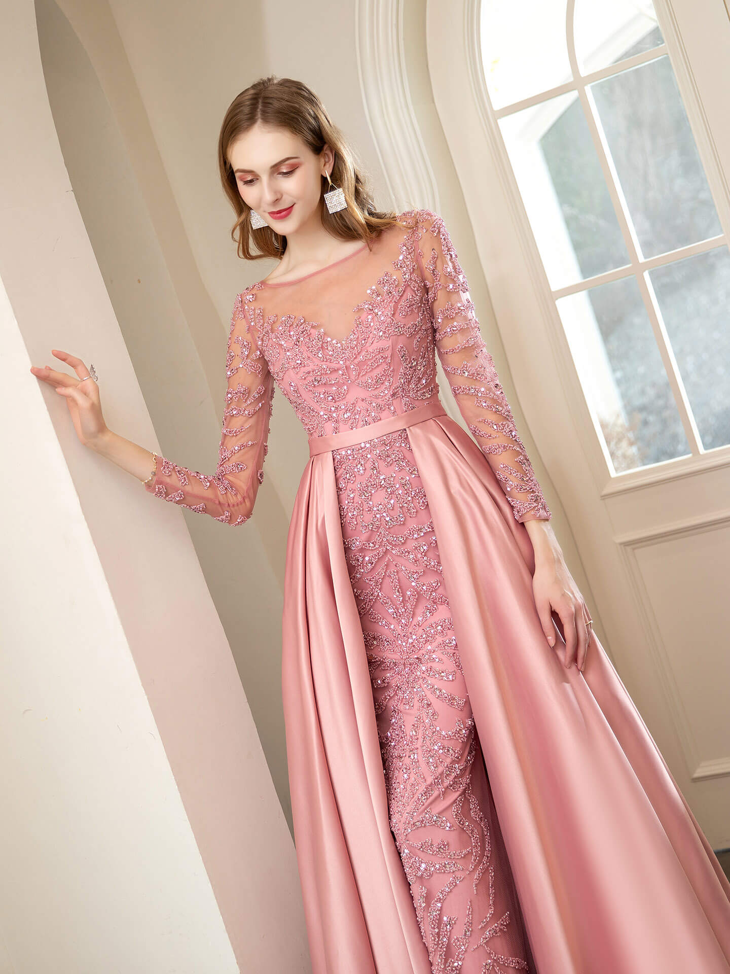 Mermaid / Trumpet Beaded Luxurious Sexy Formal Evening Dresses Long Sleeve Floor Length Prom Dresses