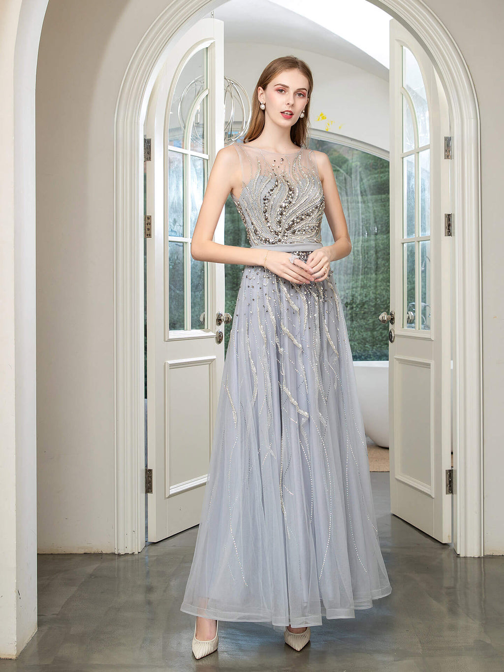 Vestidos de noche formales, lujosos, sexys, con cuentas y corte A, sin mangas, hasta el suelo, para fiesta de graduación 