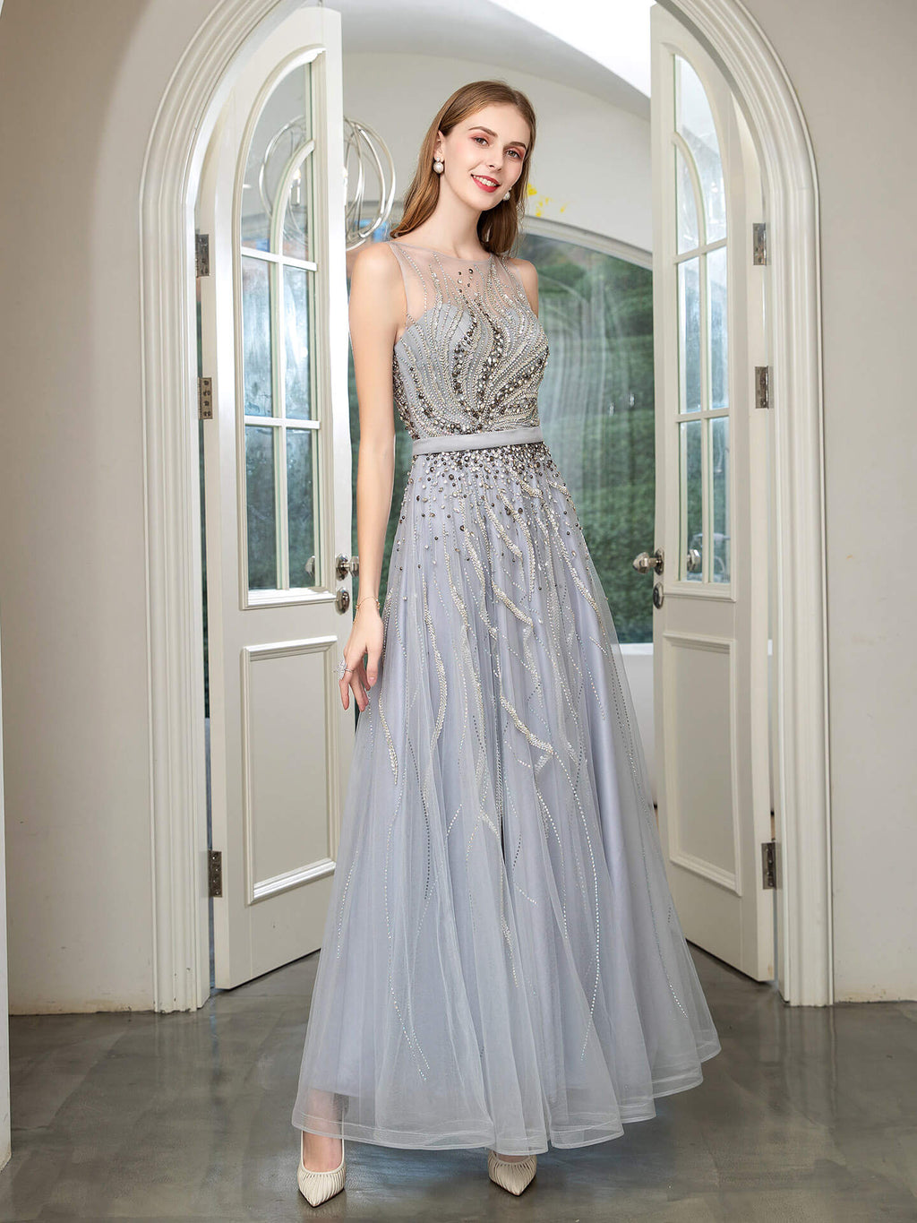 Vestidos de noche formales, lujosos, sexys, con cuentas y corte A, sin mangas, hasta el suelo, para fiesta de graduación 