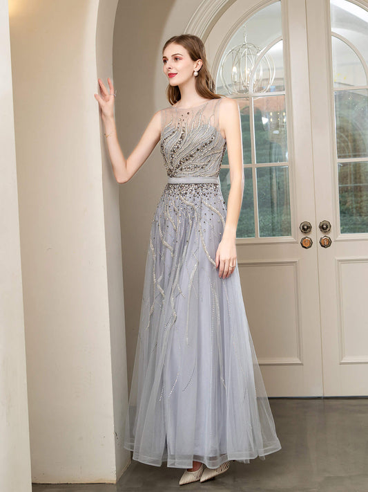 A-line Beaded Luxurious Sexy Formal Evening Dresses Sleeveless Floor Length Prom Dresses
