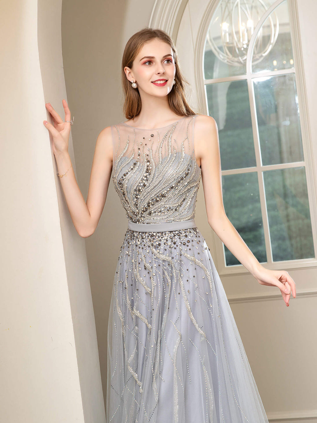 Vestidos de noche formales, lujosos, sexys, con cuentas y corte A, sin mangas, hasta el suelo, para fiesta de graduación 