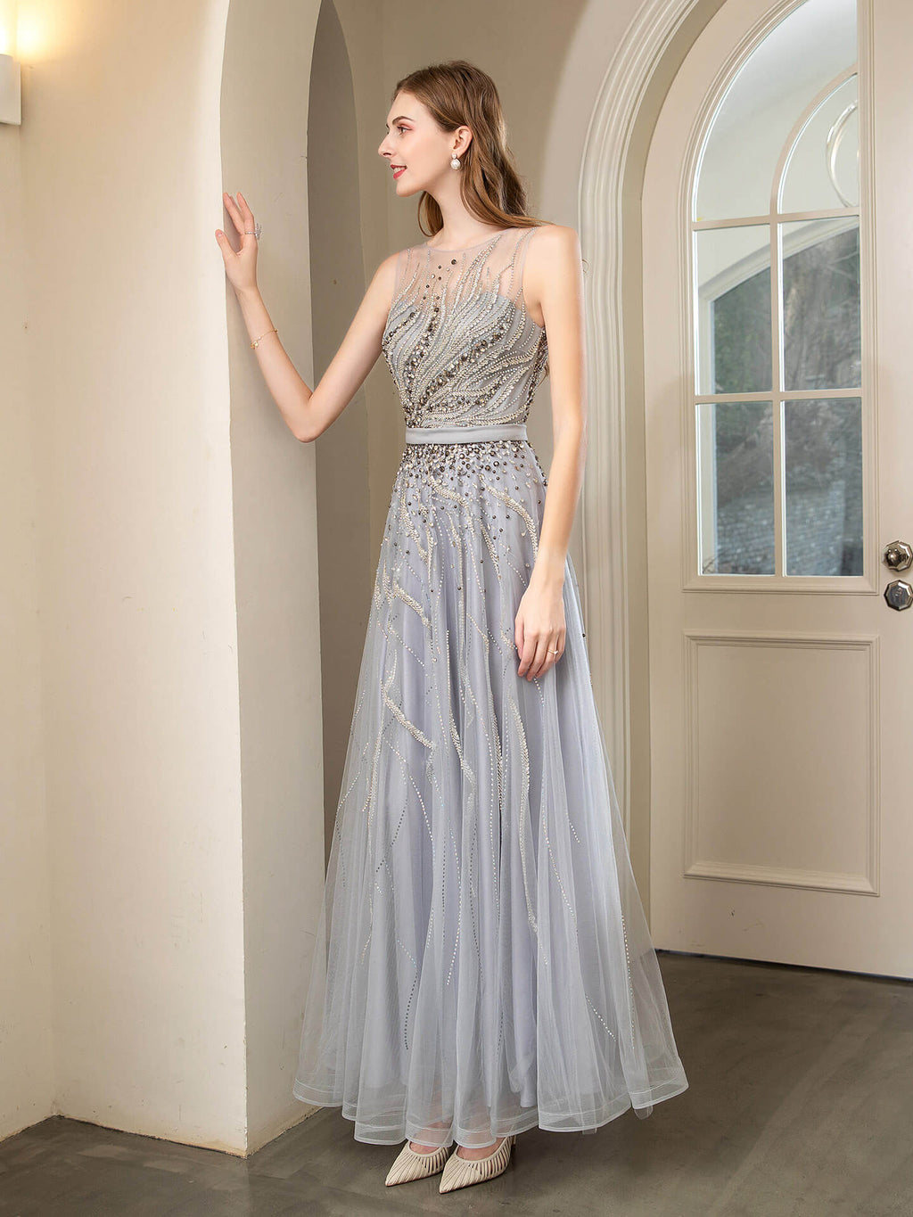 Vestidos de noche formales, lujosos, sexys, con cuentas y corte A, sin mangas, hasta el suelo, para fiesta de graduación 