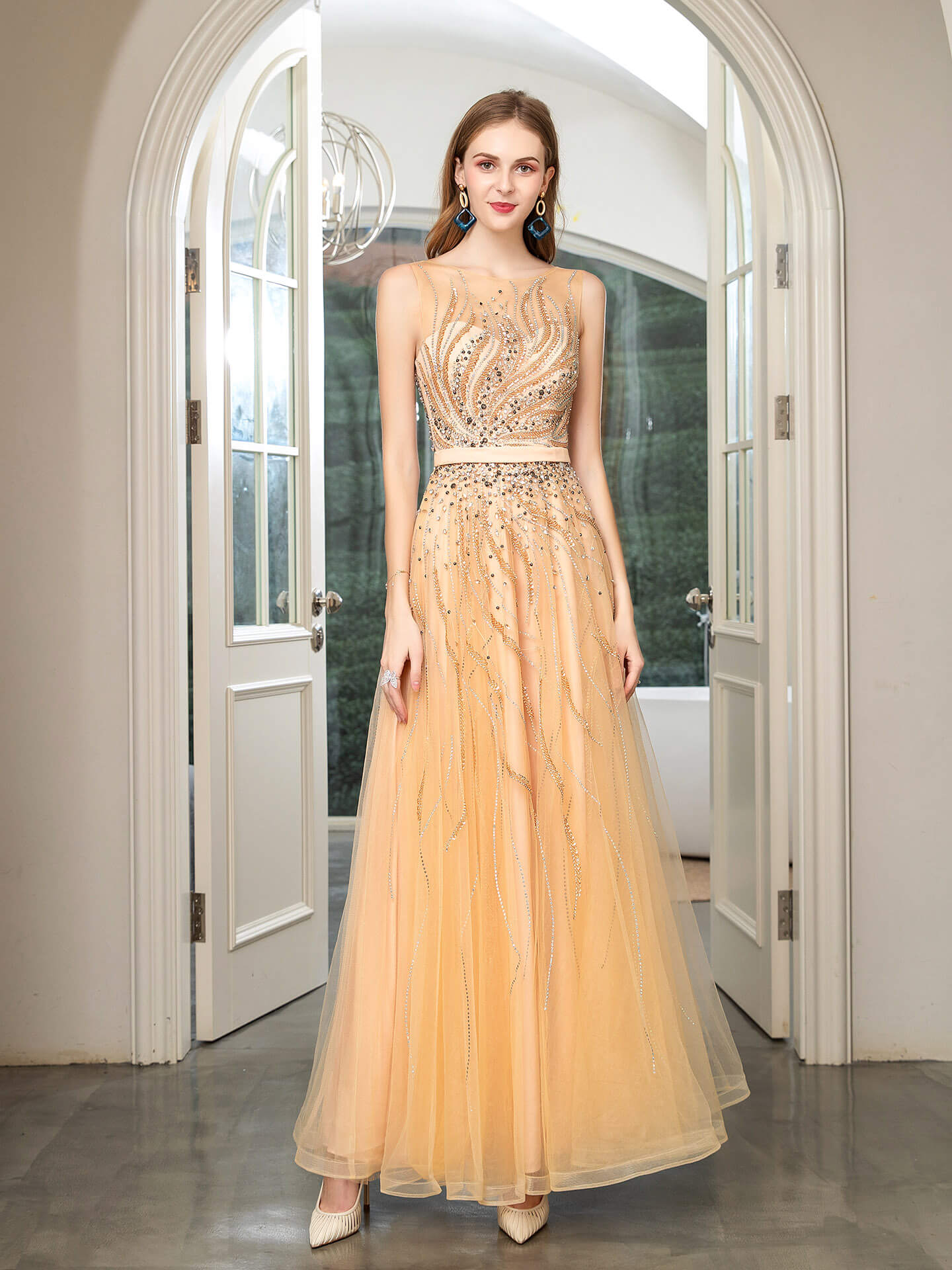 A-line Beaded Luxurious Sexy Formal Evening Dresses Sleeveless Floor Length Prom Dresses