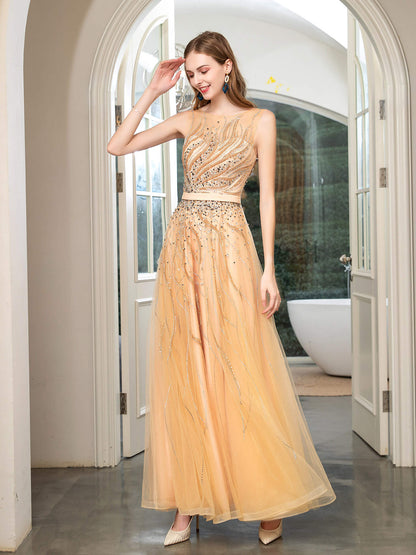 A-line Beaded Luxurious Sexy Formal Evening Dresses Sleeveless Floor Length Prom Dresses