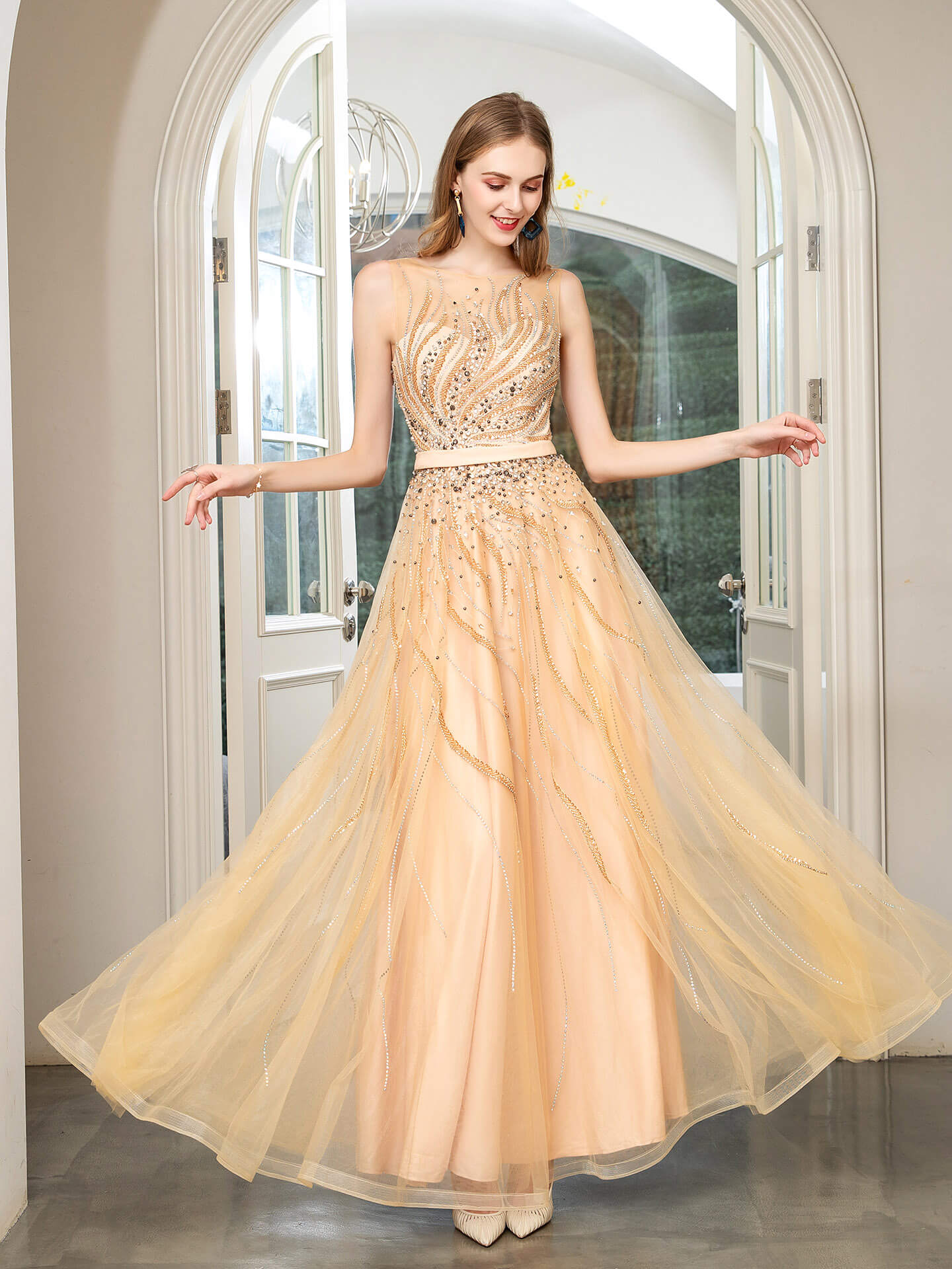 A-line Beaded Luxurious Sexy Formal Evening Dresses Sleeveless Floor Length Prom Dresses