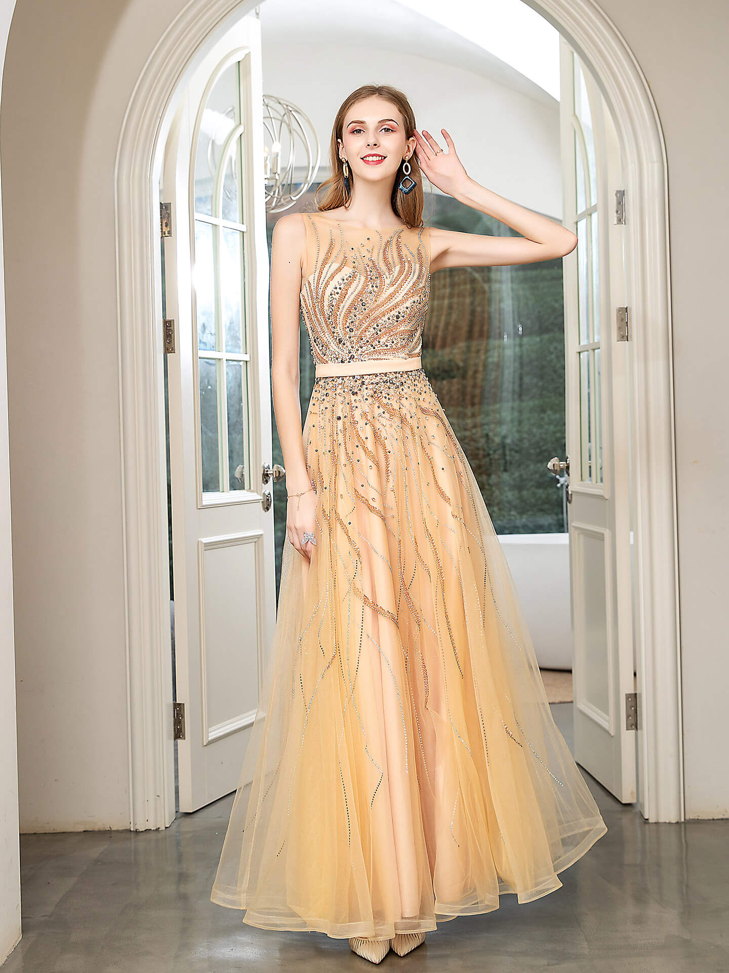 A-line Beaded Luxurious Sexy Formal Evening Dresses Sleeveless Floor Length Prom Dresses
