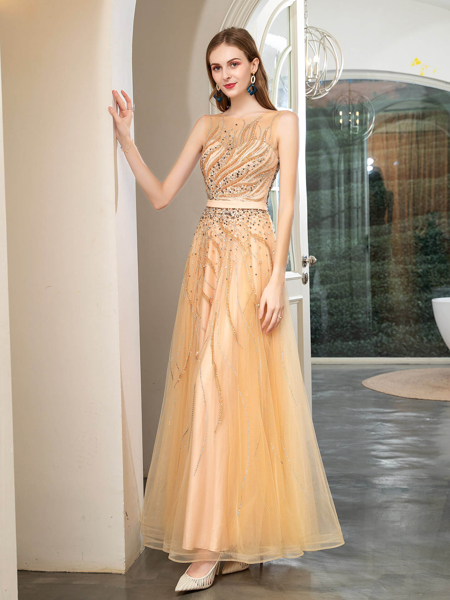 A-line Beaded Luxurious Sexy Formal Evening Dresses Sleeveless Floor Length Prom Dresses